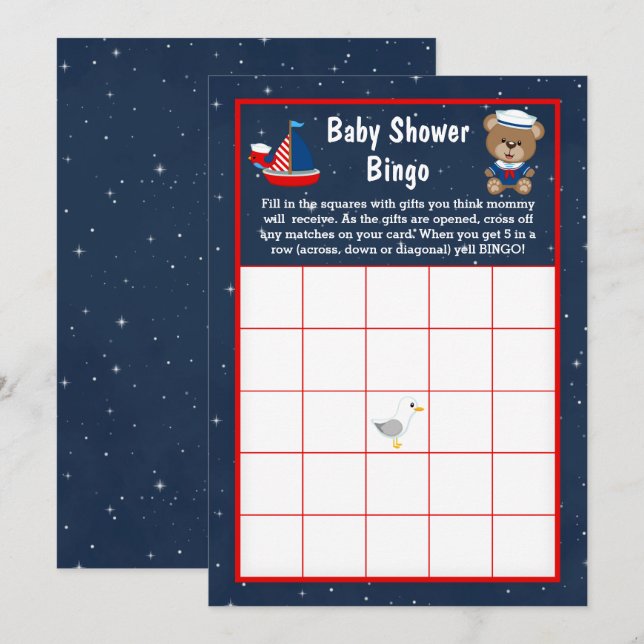 Nautical Boy Bear Red and Navy Baby Bingo Invitation (Front/Back)