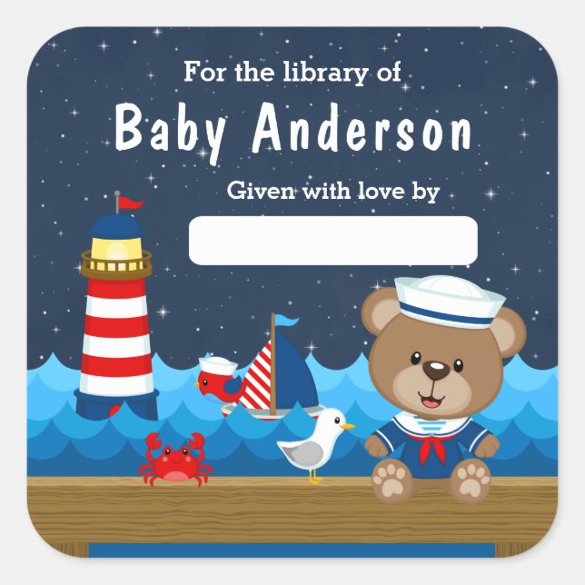Nautical Boy Bear Red and Navy Baby Bookplate Square Sticker (Front)