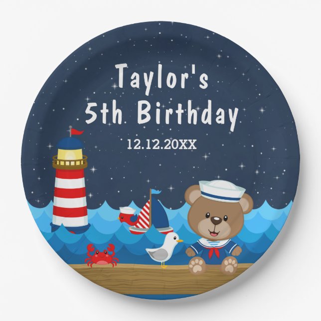 Nautical Boy Bear Red and Navy Birthday Party Paper Plate (Front)