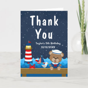 Nautical Boy Bear Red and Navy Birthday Party Thank You Card