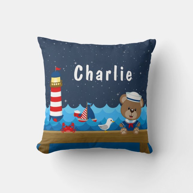 Nautical Boy Bear Red and Navy Cushion (Front)