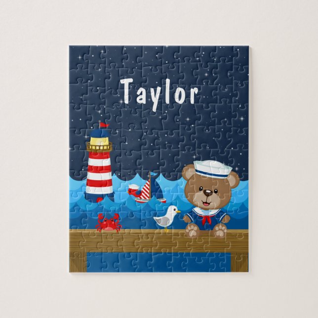 Nautical Boy Bear Red and Navy Jigsaw Puzzle (Vertical)