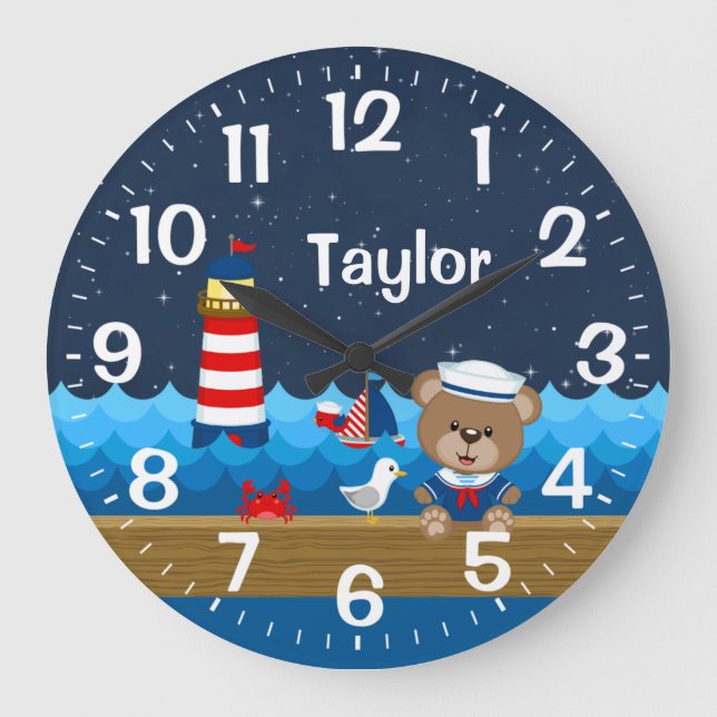 Nautical Boy Bear Red and Navy Large Clock (Front)