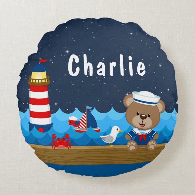 Nautical Boy Bear Red and Navy Round Cushion (Front)