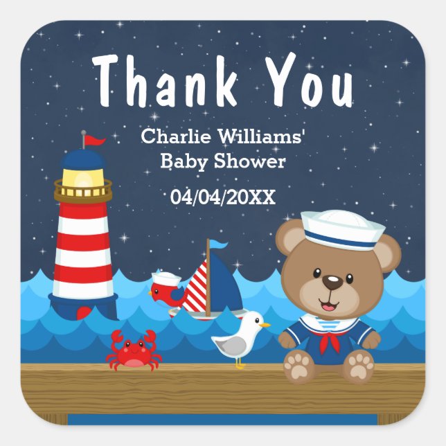 Nautical Boy Bear Red Baby Shower Thank You Square Sticker (Front)