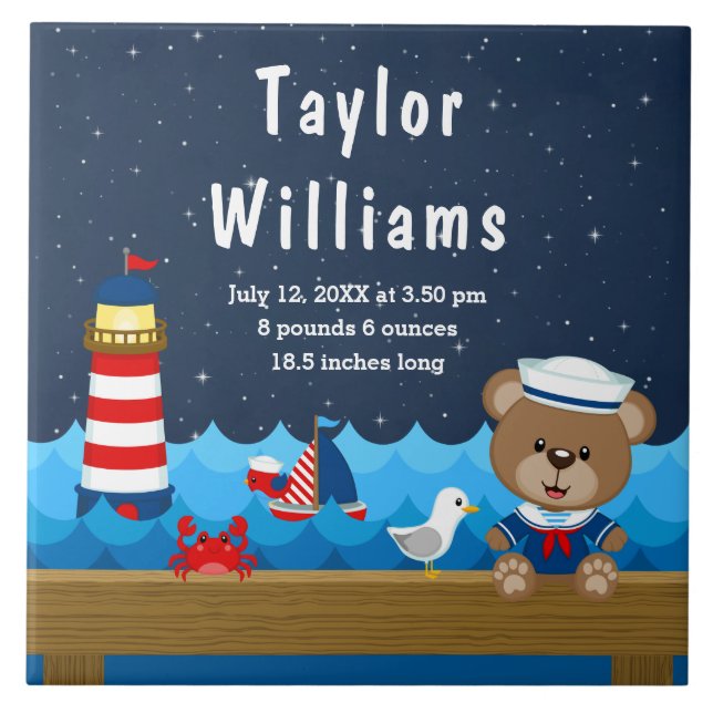 Nautical Boy Bear Red Navy Birth Statistics Ceramic Tile (Front)
