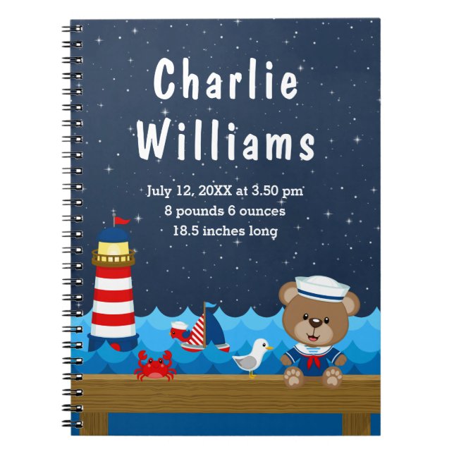 Nautical Boy Bear Red Navy Birth Statistics Notebook (Front)