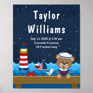 Nautical Boy Bear Red Navy Birth Statistics Poster