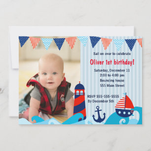 Nautical boy birthday invitation red navy blue
