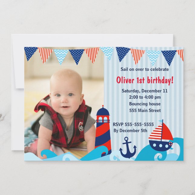 Nautical boy birthday invitation red navy blue (Front)