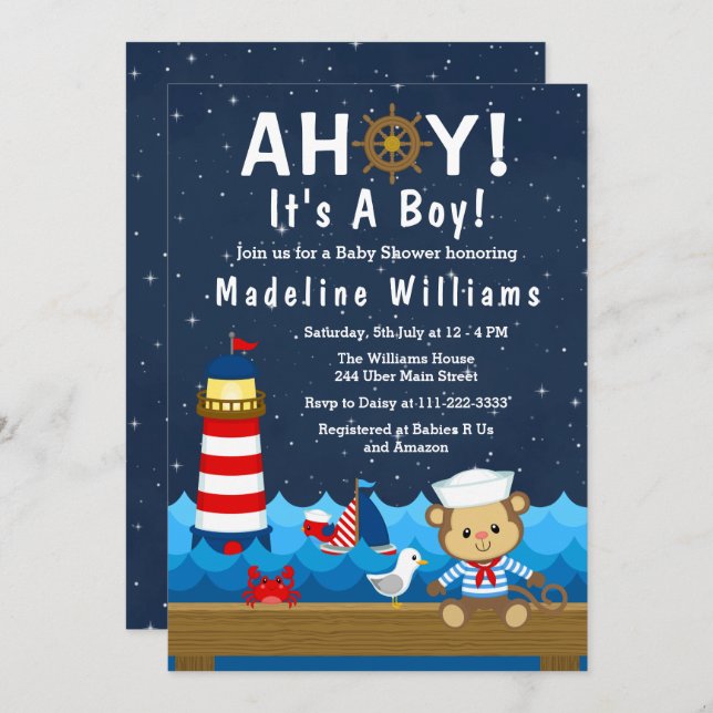 Nautical Boy Monkey Red and Navy Baby Shower Invitation (Front/Back)