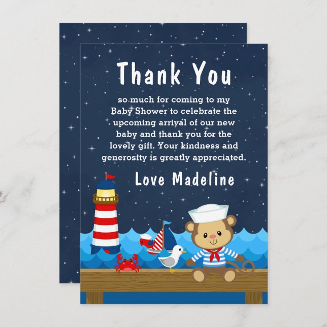 Nautical Boy Monkey Red and Navy Baby Shower Thank You Card (Front/Back)