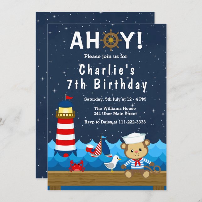 Nautical Boy Monkey Red and Navy Birthday Party Invitation (Front/Back)