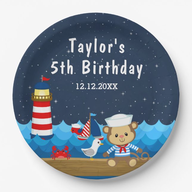 Nautical Boy Monkey Red and Navy Birthday Party Paper Plate (Front)