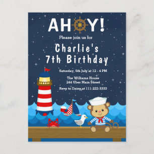 Nautical Boy Monkey Red and Navy Birthday Party Postcard