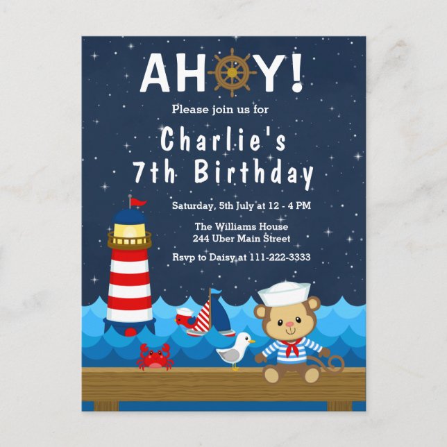 Nautical Boy Monkey Red and Navy Birthday Party Postcard (Front)