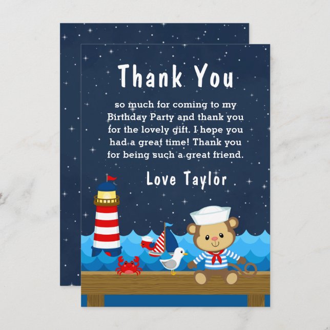 Nautical Boy Monkey Red and Navy Birthday Party Thank You Card (Front/Back)