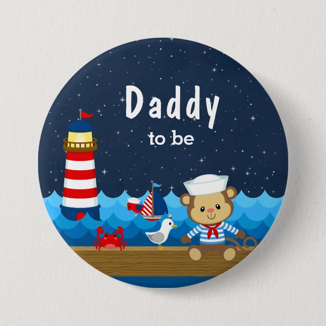 Nautical Boy Monkey Red and Navy Daddy To Be 7.5 Cm Round Badge (Front)