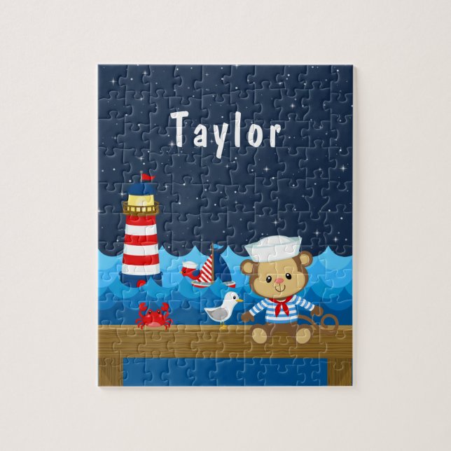 Nautical Boy Monkey Red and Navy Jigsaw Puzzle (Vertical)