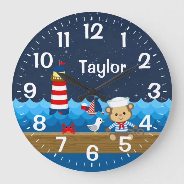 Nautical Boy Monkey Red and Navy Large Clock (Front)