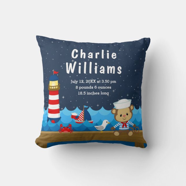 Nautical Boy Monkey Red Navy Birth Statistics Cushion (Front)
