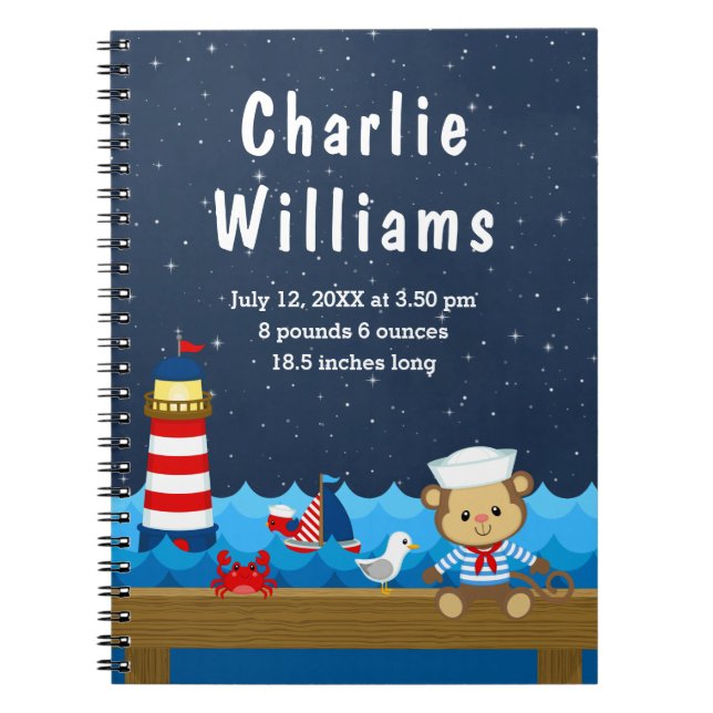 Nautical Boy Monkey Red Navy Birth Statistics Notebook (Front)