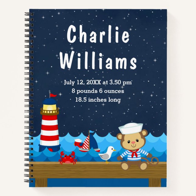 Nautical Boy Monkey Red Navy Birth Statistics Notebook (Front)