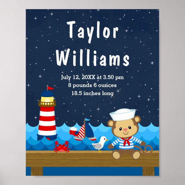 Nautical Boy Monkey Red Navy Birth Statistics Poster (Front)