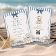 Nautical Boy Sailor Bear QR Baby Shower