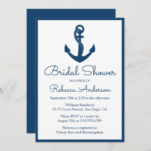 Nautical Bridal Shower Anchor Navy Blue Wedding Invitation