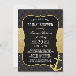 Nautical Bridal Shower Golden Anchor Black & Gold Invitation
