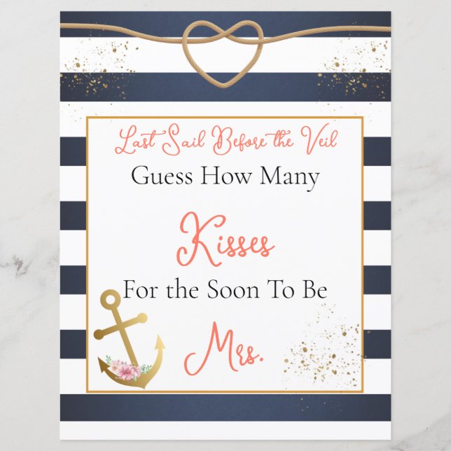 Nautical Bridal Shower Guess How Many Kisses Sign (Front)