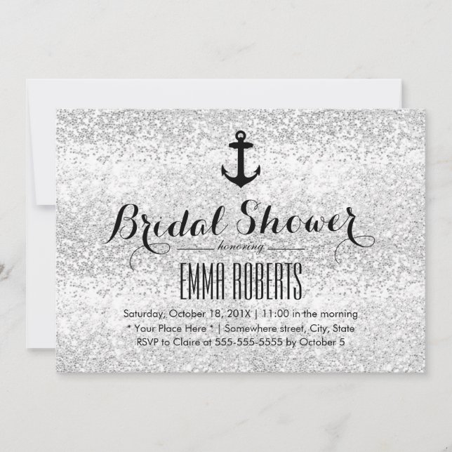 Nautical Bridal Shower Modern Silver Glitter Invitation (Front)