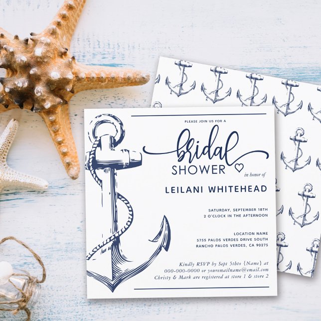 Nautical Bridal Shower Navy Anchor White Invitation (Creator Uploaded)