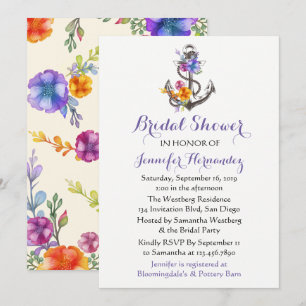 Nautical Bridal Shower Ship Anchor Purple  Floral Invitation