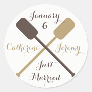 Nautical Brown Just Married Boat Oars Ship Wedding Classic Round Sticker