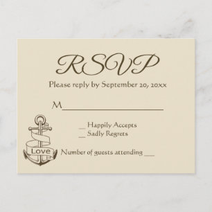 Nautical Brown RSVP Tan Ship Anchor Wedding Invitation Postcard