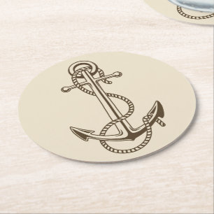Nautical Brown Ship Anchor Tan Wedding Party Round Paper Coaster