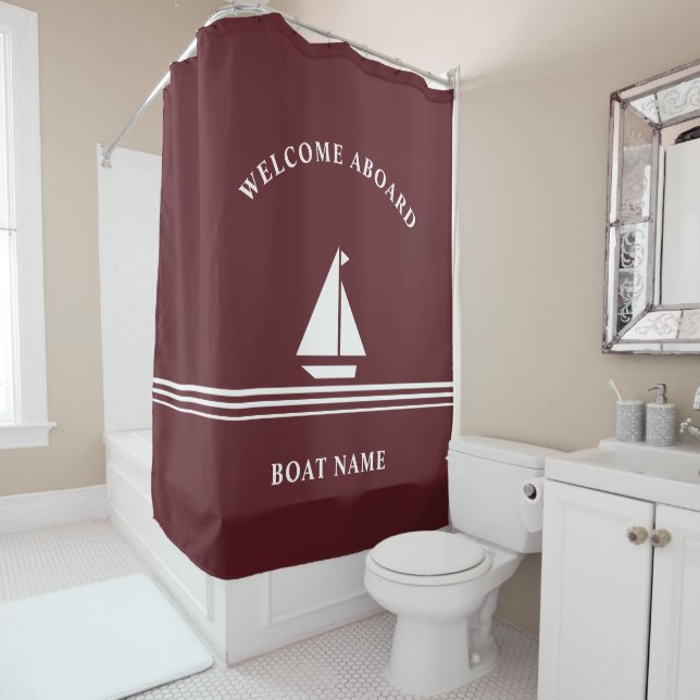 Nautical Burgundy Boat Name Text Illustration Shower Curtain (In Situ)