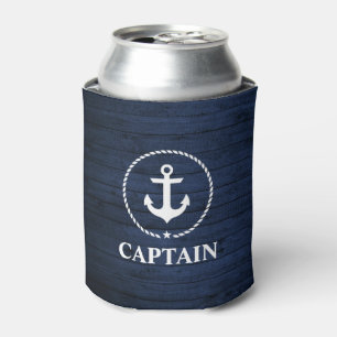 Nautical Captain Anchor Rope Blue Wood Can Cooler
