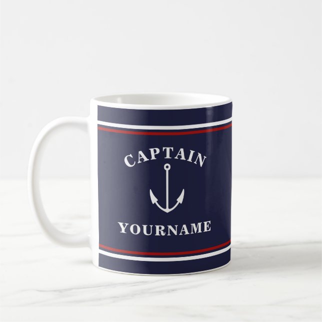 Nautical Captain Anchor Your Name Navy Blue Mug (Left)