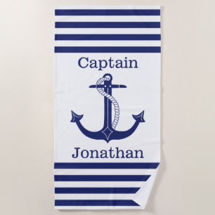 Nautical Captain Blue Anchor Personalised Beach Towel