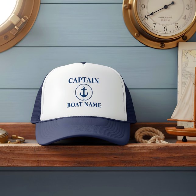 Nautical Captain Boat Name Anchor Rope Blue Trucker Hat (Customize to change text size or text style.)