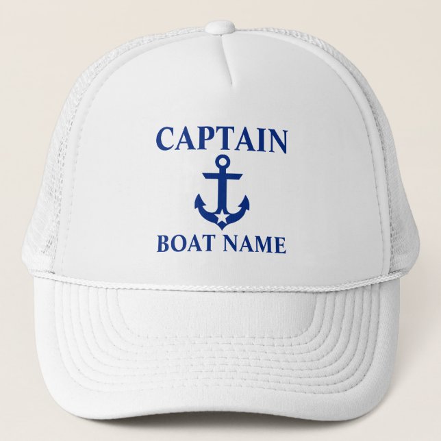 Nautical Captain Boat Name Anchor Star White Trucker Hat (Front)