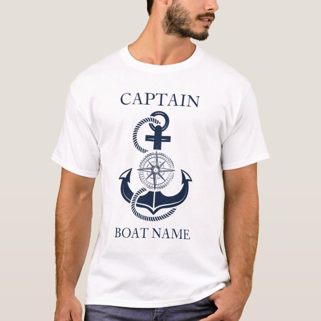 Nautical Captain Boat Name Blue Anchor T-Shirt (Front)