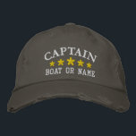Nautical Captain Boat Name Gold Stars Distressed Embroidered Hat<br><div class="desc">Sail in style with a personalised embroidered hat featuring your Captain rank or other desired title along with your Name or Boat Name in silver and five gold stars. Several cap and thread colours to choose from. Makes a great custom gift for Fathers day,  birthdays or any occasion.</div>