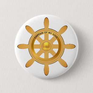 Nautical captain golden ship helm on white 6 cm round badge