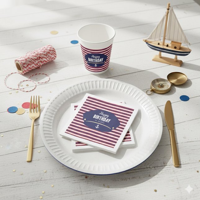 Nautical Captain Hat Birthday Navy & Red Stripes K Napkin (Creator Uploaded)