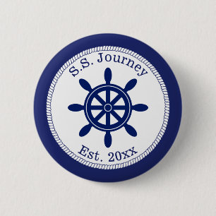 Nautical Captain's Wheel Add Boat Name 6 Cm Round Badge