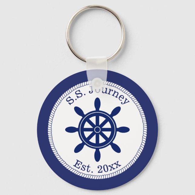 Nautical Captain's Wheel Add Boat Name Key Ring (Front)